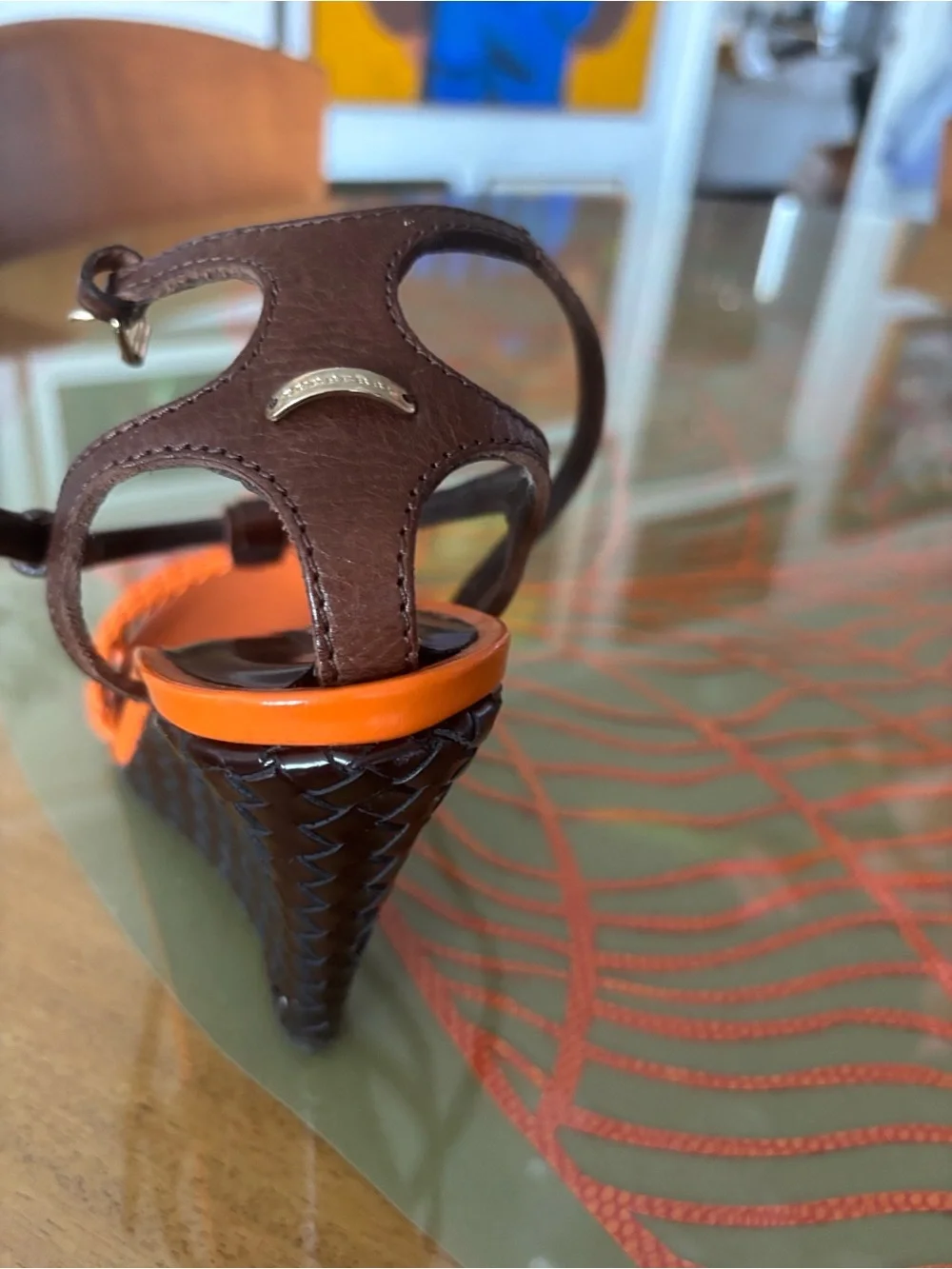 Burberry Orange and Brown Braided Leather Wedge Sandal